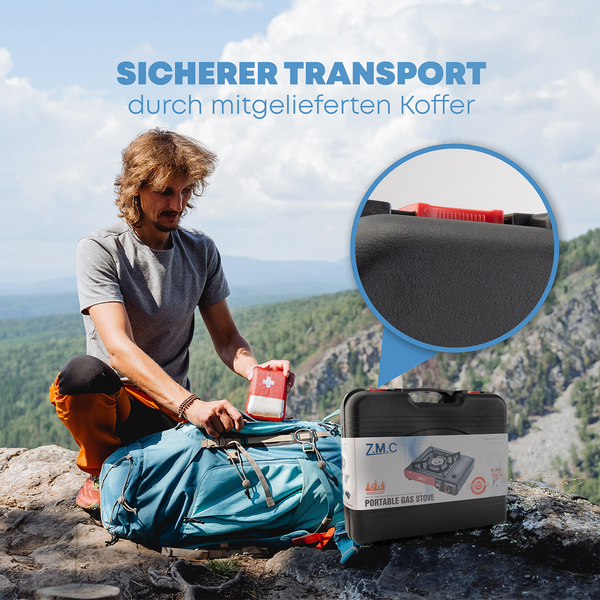 Gaskocher 1-flammig inkl. Adapter für LPG + Aufbewahrungskoffer + 12 Gaskartuschen 227g, Campingkocher für Outdoor und Innenraum, Campinggaskocher 2,2 kW mit Piezozündung
