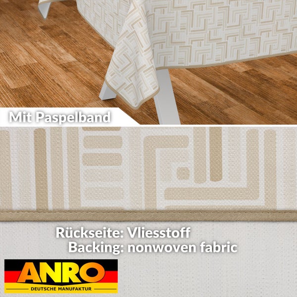 Tischdecke mit Paspelband und geometrischem Muster, Rückseite aus Vliesstoff, Anro Logo