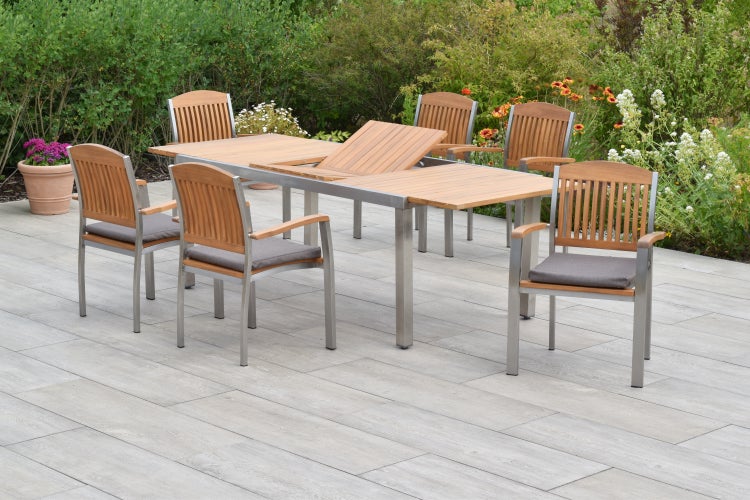 Keros Gartenmöbelset 13tlg., Stapelsessel inkl. Auflagen, Ausziehtisch 180 (240) x 100 cm