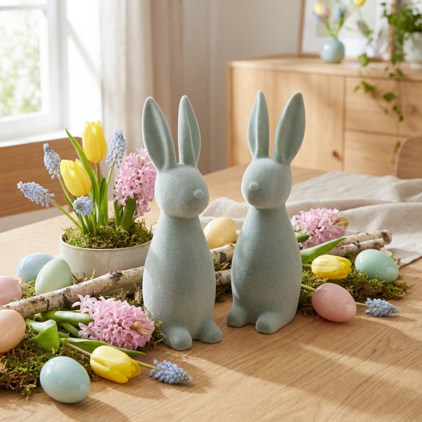 Zwei Osterhasen aus beflocktem Material als Dekoration auf einem Holztisch mit Blumen und Ostereiern als frühlingshafte Tischdekoration.