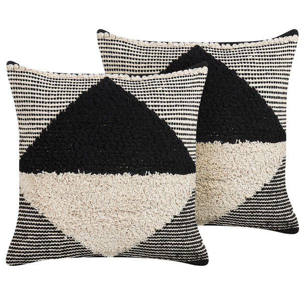 Set aus zwei Dekokissen aus Baumwolle mit getuftetem Kreis-Muster und Streifen-Design, quadratisch.