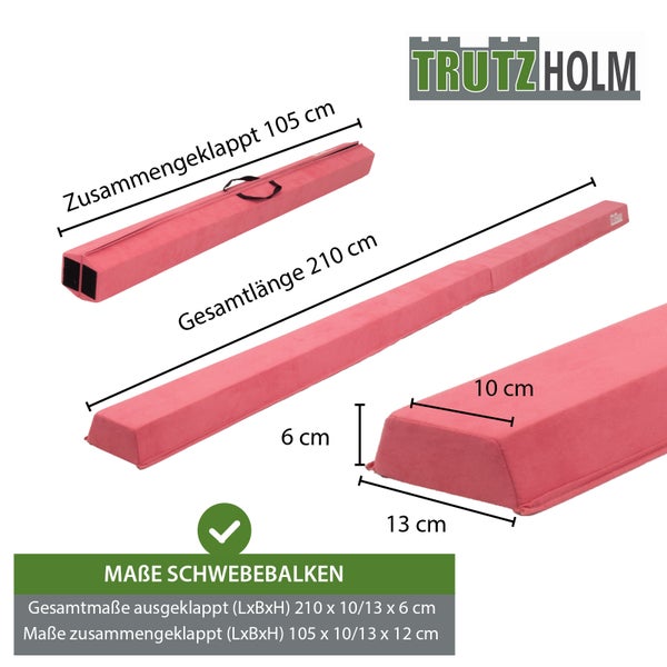 Trutzholm Logo, klappbarer Schwebebalken in Pink, Länge 210 Zentimeter, eingeklappt 105 Zentimeter, Höhe 6 Zentimeter, Breite 10 bis 13 Zentimeter.