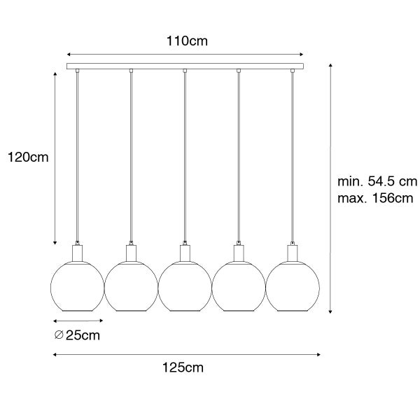 Abmessungen einer Pendelleuchte mit fünf Leuchten