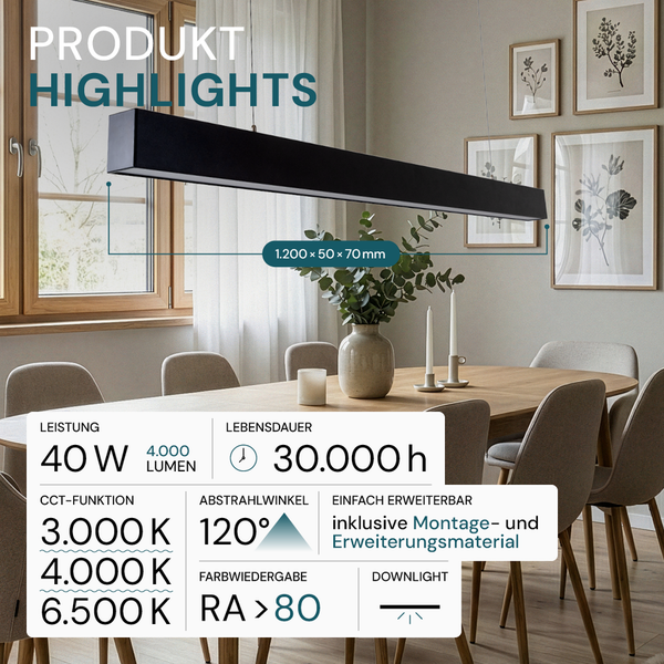 Schwarze LED-Hängeleuchte über einem Esstisch mit Stühlen.