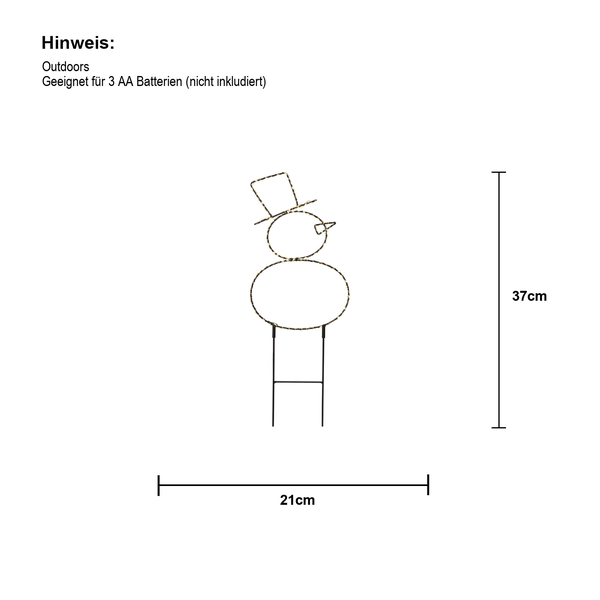Technische Zeichnung einer Schneemannfigur mit den Maßen 37 cm Höhe und 21 cm Breite
