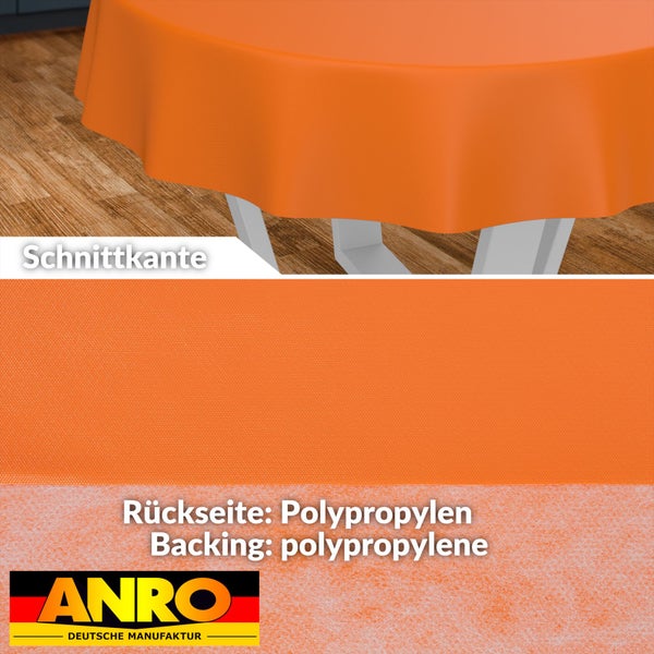 Orange ANRO Tischdecke mit Schnittkante und Rückseite aus Polypropylen, ANRO Logo.