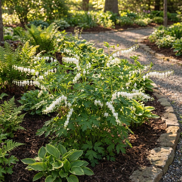 Weißes Tränendes Herz in einem schattigen Gartenbeet mit Farnen und Hostas auf Rindenmulch.