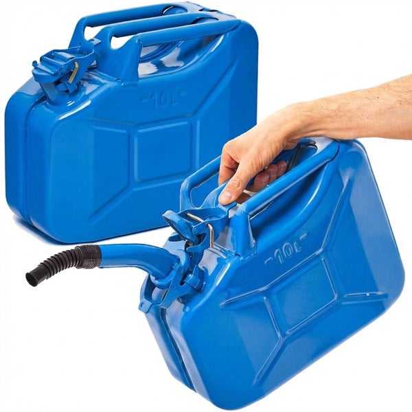 Kraftstoffkanister Metall 10 Liter blau mit flexiblem Ausgießer.