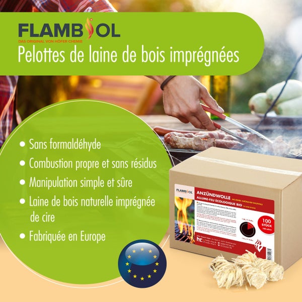 Vier Kartons Flambsol Anzündwolle mit je 100 Stück aus reiner Naturholzwolle
