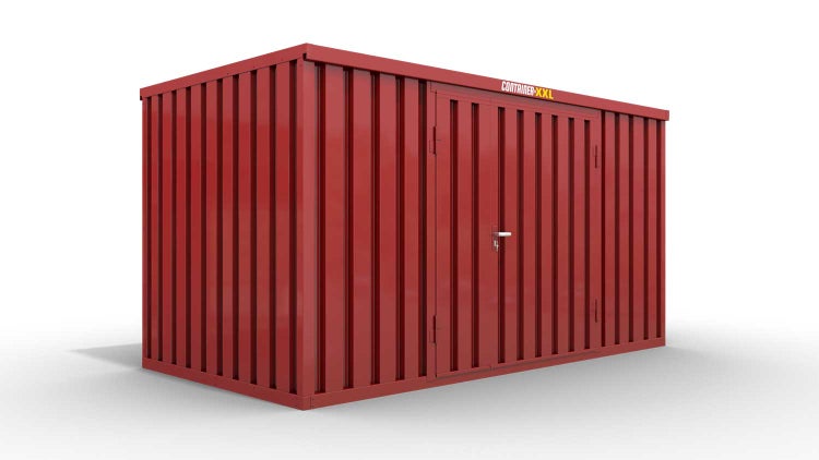 Lagercontainer M  – 6 qm, H2150 x B3050 x T2170 mm, Außenwandlackierung RAL 3000 feuerrot, Dach außen verzinkt, mit Holzfußboden, 1830 mm Doppelflügeltür mittig in Breitseite, montiert
