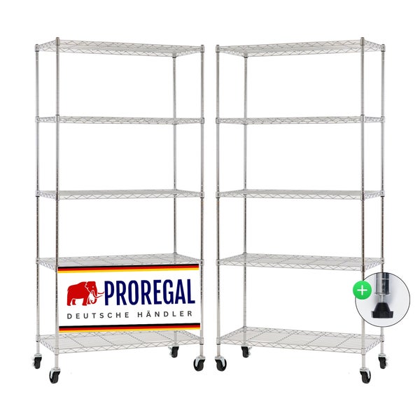 Zwei Metallregale mit fünf Gitterböden, fahrbar auf Rollen, Proregal Logo, Detailansicht eines Standfußes.