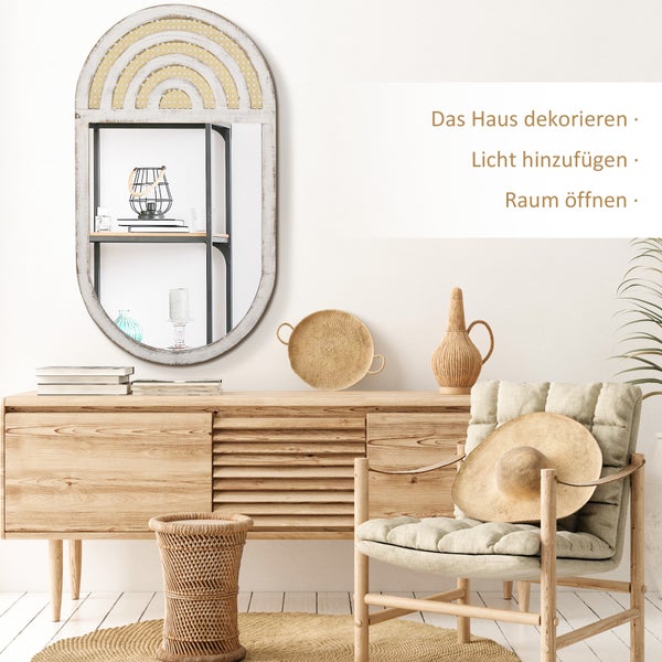 HOMCOM Wandspiegel, Wohnzimmerspiegel, 50 x 90 cm Flurspiegel mit Rattanoptik, Holzrahmen für Schlafzimmer Weiß