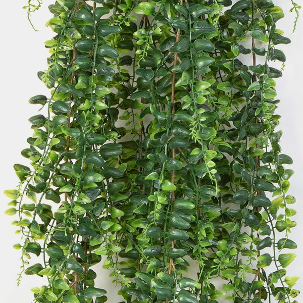 Künstliche Hängepflanze mit kleinen grünen Blättern an braunen Ranken.