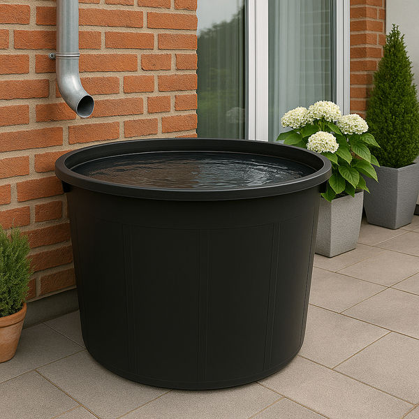 Schwarzer Regenwassertank mit Wasser neben einer Hauswand und einem Fallrohr