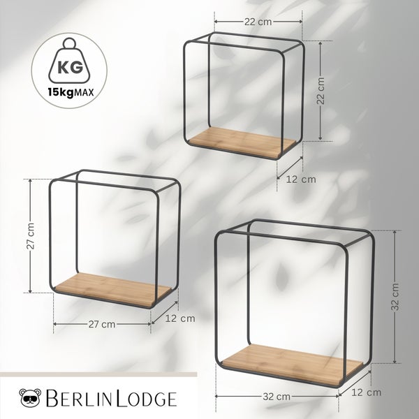 Drei Wandregale Metall Holz, 22 mal 22 mal 12, 27 mal 27 mal 12 und 32 mal 32 mal 12 Zentimeter. Traglast 15 Kilogramm. Berlin Lodge Logo.