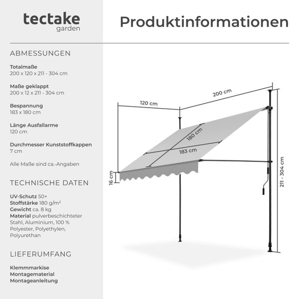 Klemmmarkise tectake  einfache Montage mit Handkurbel hellgrau