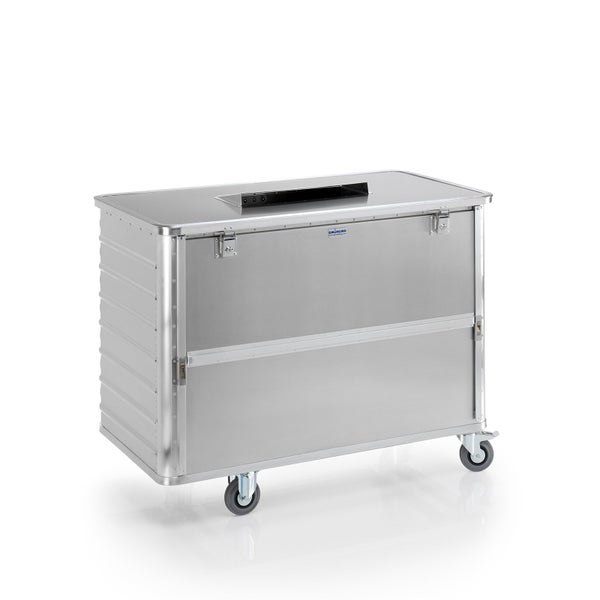 Fahrbarer Servierwagen aus Metall mit Öffnung auf der Oberseite