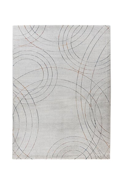 Moderner Teppich in Hellgrau mit einem abstrakten Muster aus feinen, sich überschneidenden Kreisen.