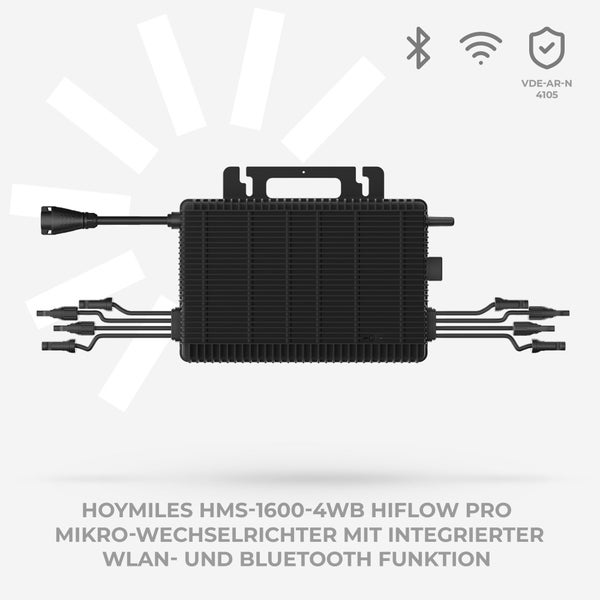 Hoymiles HMS-1600-4WB Mikro-Wechselrichter mit integrierter WLAN- und Bluetooth-Funktion sowie VDE-AR-N 4105 Zertifizierung.