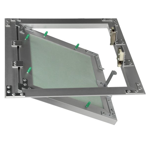 Quadratische Revisionsklappe aus Aluminium mit Gipskartoneinlage, geöffnet dargestellt mit Verriegelungsmechanismus.