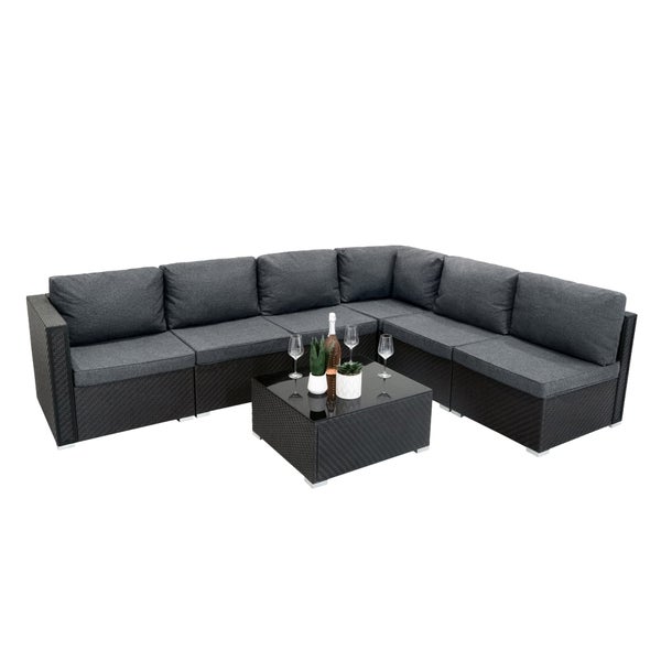 Rattan Modular 7-teiliges Möbelset – Schwarz