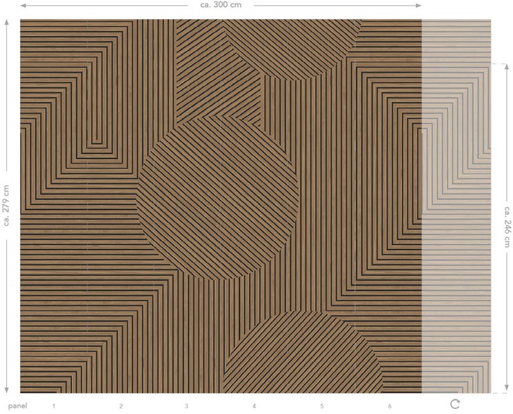 Wandpaneel mit geometrischen Mustern, circa 300 cm breit und 279 cm hoch