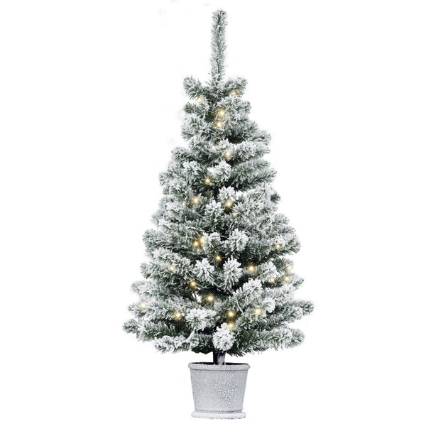 Künstlicher Weihnachtsbaum, beschneit, mit integrierter LED-Beleuchtung, in einem dekorativen Topf.