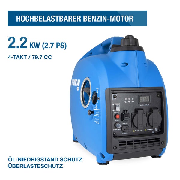 Hyundai Inverter Stromerzeuger, 2.2 Kilowatt, 4-Takt-Benzinmotor, 79.7 Kubikzentimeter, Ölmangelsicherung und Überlastschutz.