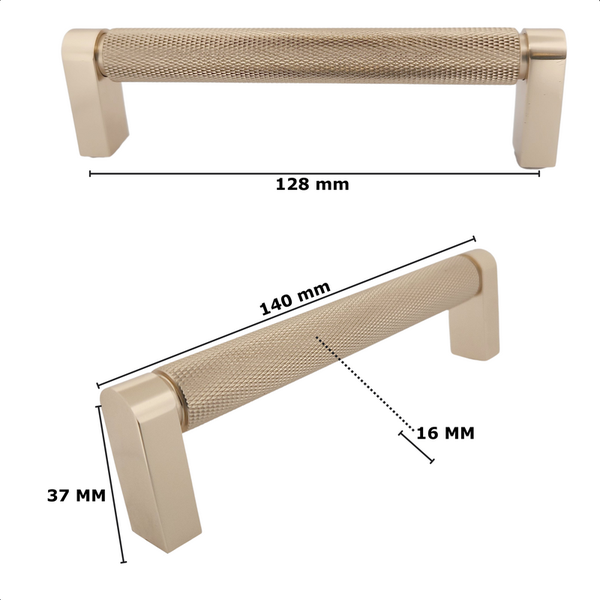 Möbelgriff mit den Maßen 128 mm, 140 mm, 37 mm und 16 mm