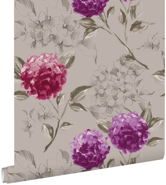 ESTAhome Tapete Hortensien Taupe und Aubergineviolett - 53 cm x 10,05 m - 128024