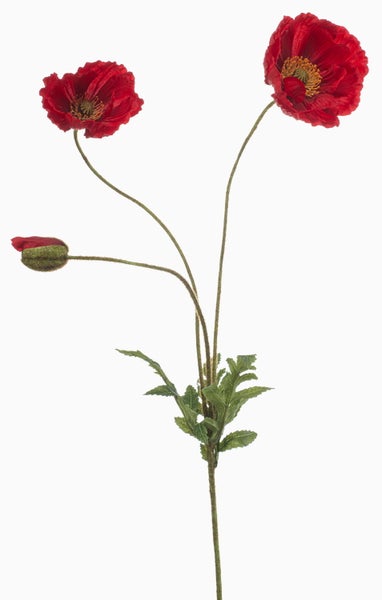 Künstliche Mohnblume mit zwei roten Blüten und einer Knospe.