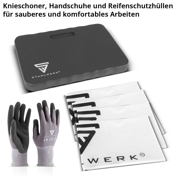 Stahlwerk Set bestehend aus Kniekissen, Arbeitshandschuhen mit CE-Kennzeichnung und vier Reifenschutzhüllen, jeweils mit Stahlwerk Logo.