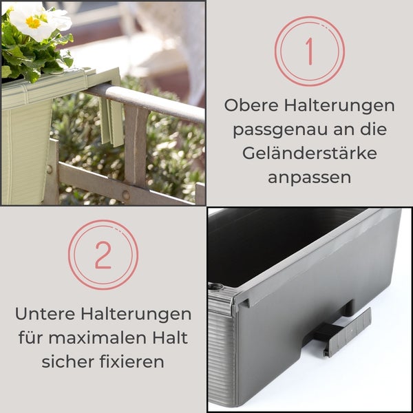 Balkonkasten Befestigungshinweise: Obere Halterungen zur Anpassung an die Geländerstärke, untere Halterungen für maximalen Halt.