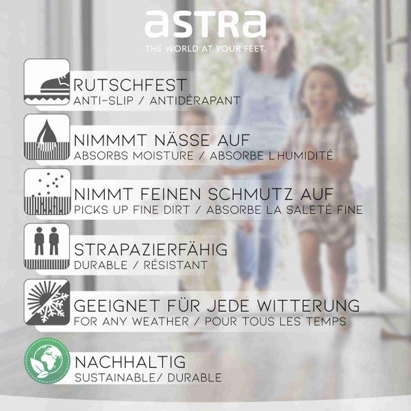 Astra Produkteigenschaften: rutschfest, nimmt Nässe auf, nimmt feinen Schmutz auf, strapazierfähig, geeignet für jede Witterung, nachhaltig