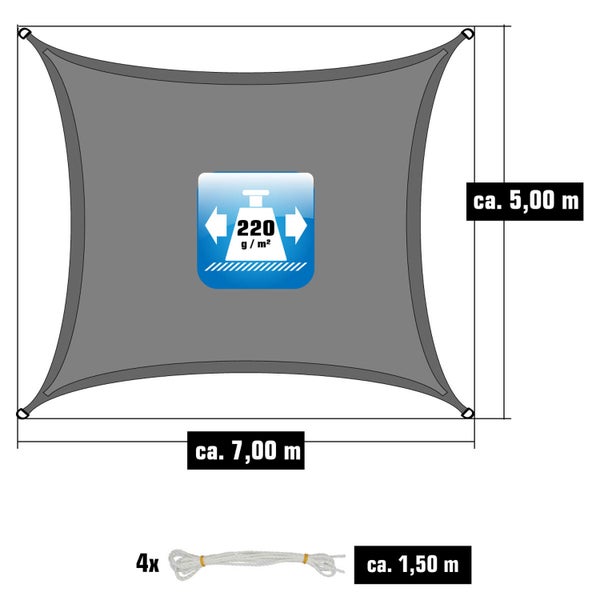 Abbildung einer rechteckigen Markise mit den Maßen circa 5,00 m x 7,00 m, inklusive Befestigungsseilen mit einer Länge von circa 1,50 m und einem Flächengewicht von 220 g/m².