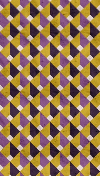 Tapete mit geometrischem dreidimensionalem Muster aus Rauten und Dreiecken in Gelb und Violett, strukturierte Putzoptik.