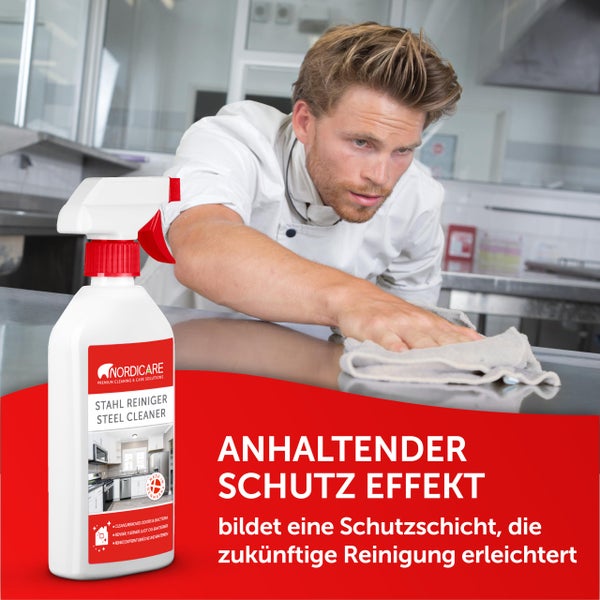 Nordicare Edelstahlreiniger [500ml] Edelstahlpflege Spray für effektive Reinigung I Löst Fett und Verunreinigungen I Edelstahl Reiniger professionell, Eloxal Reiniger
