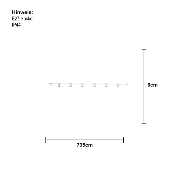 Abbildung der Maße einer Leuchte mit E27-Fassung und Schutzart IP44, 735 cm breit und 6 cm hoch