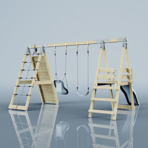 Spielturm aus Holz mit Kletternetz, Kletterwand, zwei Schaukeln, Leiter, Podest und Rutsche.