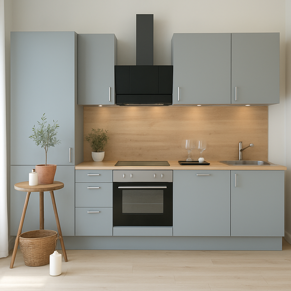Moderne Küche mit grauen Schränken, Dunstabzugshaube und Holzarbeitsplatte