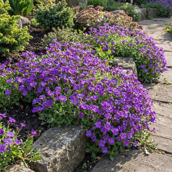 Violette Blaukissen Aubrieta als Bodendecker in einem hellen Steingarten an einem gepflasterten Gartenweg mit kleinen Sträuchern im Hintergrund.