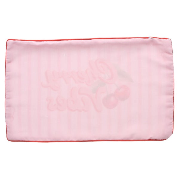 Kissenhülle in Rosa mit Kirsch-Motiv, Schriftzug und Streifenmuster, rechteckig, Stoff.