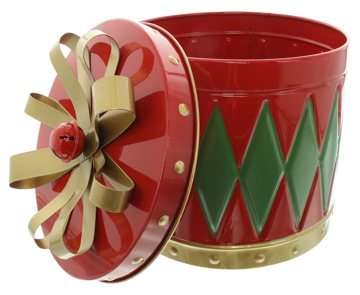 Weihnachtliche Metalldose als Geschenkbox mit Deckel und Schleife
