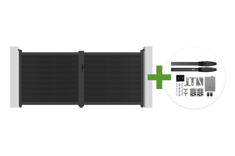 Doppelflügeltor in Holzoptik inklusive elektrischem Torantrieb-Set mit Motoren, Steuerung und Montagematerial.