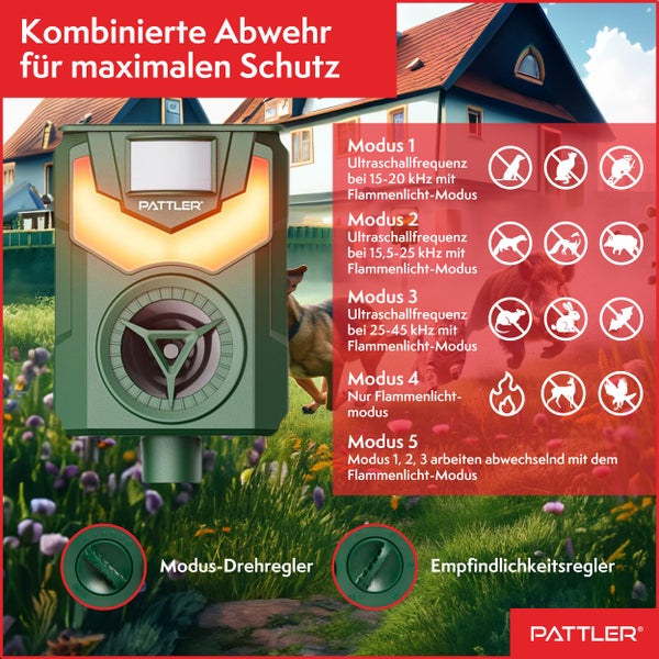 PATTLER® Solar Tierschreck, Marderschreck, Hundeschreck - Bewegungssensor mit 10m Reichweite - Flammenlicht zur Abschreckung - effektiv gegen Hunde, Marder, Füchse und andere Tiere
