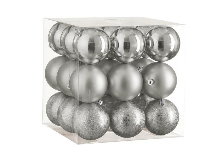 Set mit Christbaumkugeln in verschiedenen Oberflächenstrukturen in transparenter Kunststoffbox