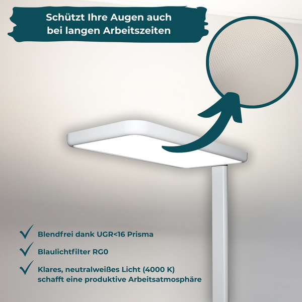 LUXULA LED Stehlampe Up/Down Bürolampe Weiß 100W 7000LM 4000K Neutralweiß UGR16 CRI98 Dimmbar