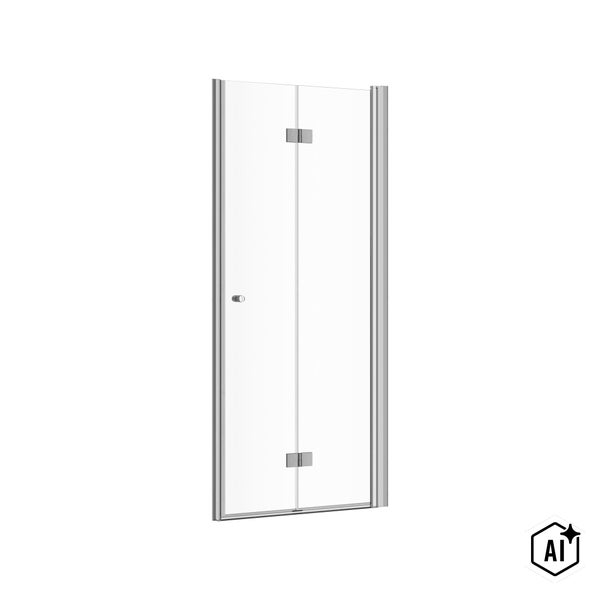 Eine rechteckige Falttür für die Dusche aus Klarglas mit einem Metallrahmen.