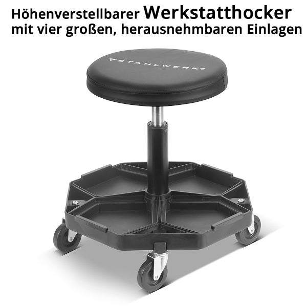 Höhenverstellbarer Werkstatthocker mit vier großen, herausnehmbaren Einlagen