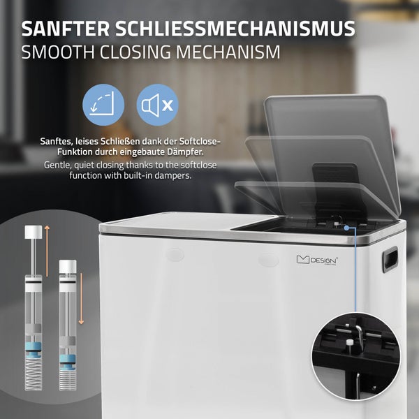 ML-Design Mülleimer Küche 2x 30L (60L), Weiß, Mülltrennsystem 2 Fächer, Treteimer zur Mülltrennung, Abfalleimer aus Stahl, herausnehmbarer Inneneimer aus Kunststoff, Klappdeckel, Softclose, luftdicht